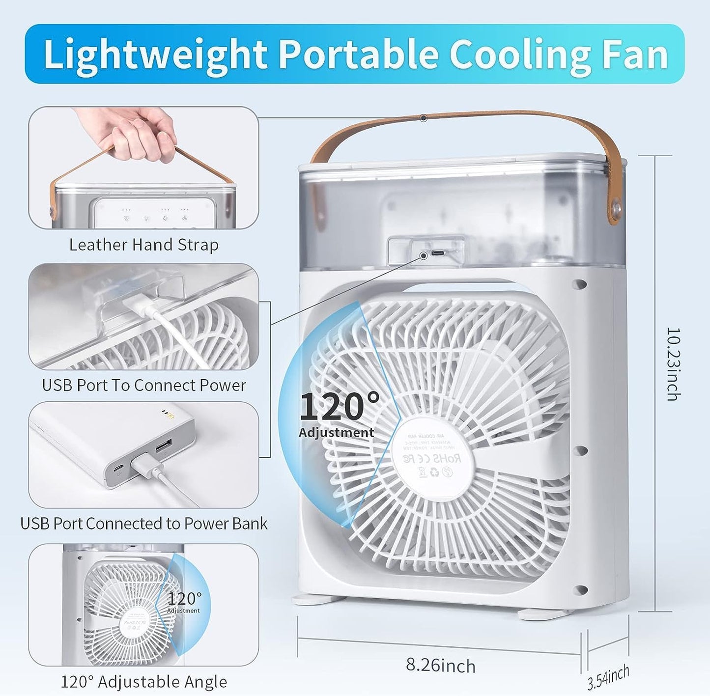 Portable Mist Fan, Cooling Fan LED Light, Air Conditioner Water Fan